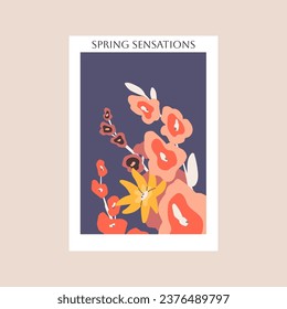Spring tree blooms on floral card. Poster with flowers, botanical background, abstract plants for wall art. Vertical postcard with apple blossom, minimal style interior decor. Flat vector illustration