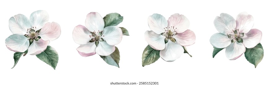 Spring tree blossom detailed flower. Central stamen. Apple blossom vector flowers set with soft pink and white petals. Gentle white pink petals. Green leaves with delicate veins. White flowers