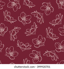 Spring tree blossom seamless pattern. Cherry, sakura, apple, anemone. Beige outline in different projections on dark red crimson background.