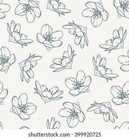 Spring tree blossom seamless pattern. Cherry, sakura, apple, anemone. Graphite grey blue outline in different projections on light beige background.