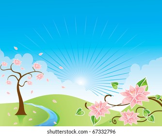 spring tree blue sky bird vector flower, river clouds,