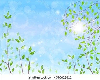 Spring Tree, Blue Sky, Bright Sun, Spring Background, Vector Illustration