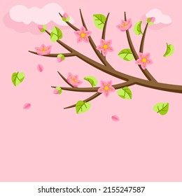 Rama de árbol de primavera con flores y hojas. Ilustración estacional.