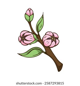Spring tree branch with flowers and leaves. Bright vector illustration for book, banner, sticker. print, poster