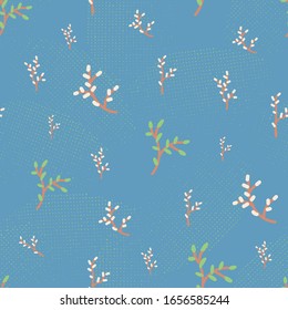 spring tree branches with catkins and young budding leaves seamless vector patten on a blue background