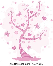 Spring tree with butterfly and pink hearts