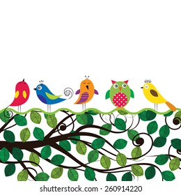 Spring tree with colorful and funny birds