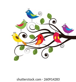 Spring tree with colorful and funny birds