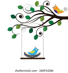 Spring tree with colorful and funny birds