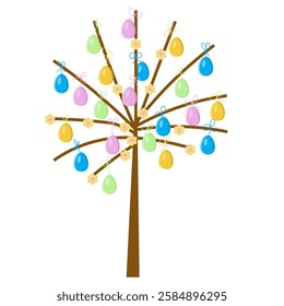 Spring tree decorated with colored eggs, isolated flat design for Easter