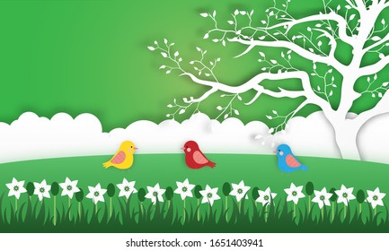 Spring tree flower grass and bird on green background.paper style