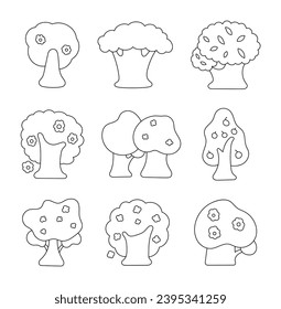 Spring tree with flowers and leaves. Coloring Page. Nature and environment. Hand drawn style. Vector drawing. Collection of design elements.