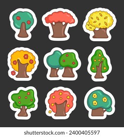 Spring tree with flowers and leaves. Sticker Bookmark. Nature and environment. Hand drawn style. Vector drawing. Collection of design elements.