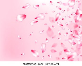 Spring tree flowers parts, airy flying petals on rose color background. Blur effect bloom parts. Pastel rose color apple flower petals design. Pink sakura blossom falling parts romantic vector.