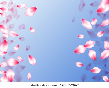 Spring tree flowers parts, airy flying petals on blue sky background. Pink sakura blossom falling parts romantic vector. Realistic peach flolwer petals natural decor. Anniversary background.
