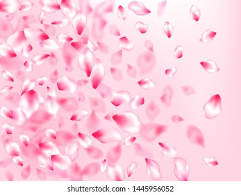 Spring tree flowers parts, airy flying petals on rose color background. Pink sakura blossom falling parts romantic vector. Realistic peach flolwer petals natural decor. Bloom 3d particles.