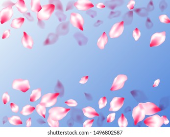Spring tree flowers parts, airy flying petals on blue sky background. Pink sakura blossom falling parts romantic vector. Flower blossom particles, petals rain shower. Anniversary background.