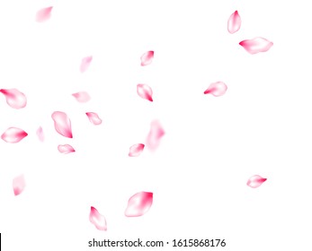 Spring tree flowers parts, airy flying petals windy blowing background. Pink sakura blossom falling parts romantic vector. Realistic peach flolwer petals natural decor. Wedding celebration eps.