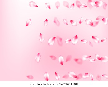 Spring tree flowers parts, airy flying petals on rose color background. Pink sakura blossom falling parts romantic vector. Flower blossom particles, petals rain shower. Bloom 3d particles.
