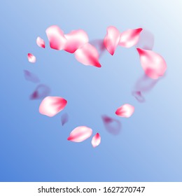 Spring tree flowers parts, airy flying petals on blue sky background. Pink sakura blossom falling parts romantic vector. Spring or summer light flower petals illustration. Garden bloom parts.
