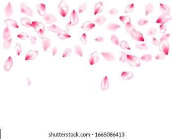 Spring tree flowers parts, airy flying petals windy blowing background. Pink sakura blossom falling parts romantic vector. Natural marrige decor of chinese cherry petals. Postcart background.