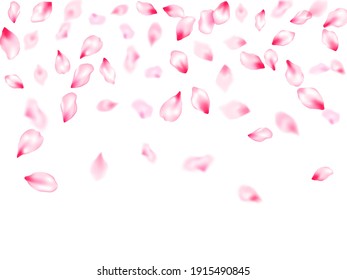 Spring tree flowers parts, airy flying petals windy blowing background. Pink sakura blossom falling parts romantic vector. Natural marrige decor of chinese cherry petals. Cosmetics composition.