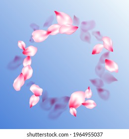 Spring tree flowers parts, airy flying petals on blue sky background. Pink sakura blossom falling parts romantic vector. Floral natural blossom soft petals illustration. Postcart background.