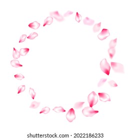 Spring tree flowers parts, airy flying petals windy blowing background. Postcart background. Pastel pink blossom petals floral design. Pink sakura blossom falling parts romantic vector.