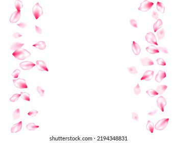 Spring tree flowers parts, airy flying petals windy blowing background. Pink sakura blossom falling parts romantic vector. Flower blossom particles, petals rain shower. Beauty studio concept.
