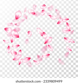 Spring tree flowers parts, airy flying petals on transparent background. Pink sakura blossom falling parts romantic vector. Natural marrige decor of chinese cherry petals. Bloom 3d particles.