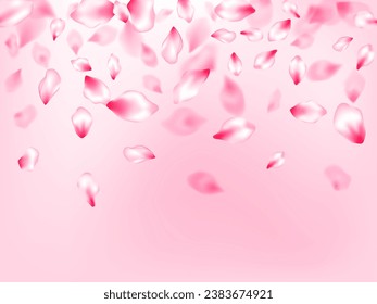 Spring tree flowers parts, airy flying petals on rose color background. Pink sakura blossom falling parts romantic vector. Natural marrige decor of chinese cherry petals. Asian poster background.
