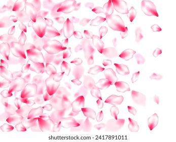 Spring tree flowers parts, airy flying petals windy blowing background. Fresh blowing backdrop. Natural marrige decor of chinese cherry petals. Pink sakura blossom falling parts romantic vector.