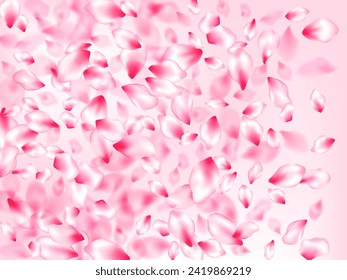 Spring tree flowers parts, airy flying petals on rose color background. Wedding celebration eps. Pastel rose color apple flower petals design. Pink sakura blossom falling parts romantic vector.