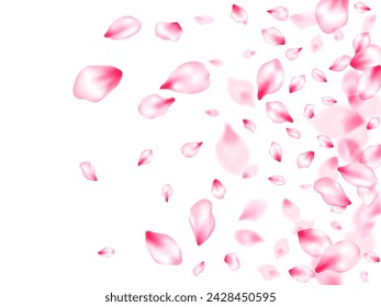 Spring tree flowers parts, airy flying petals windy blowing background. Pink sakura blossom falling parts romantic vector. Flower blossom particles, petals rain shower. Park graphic elements.