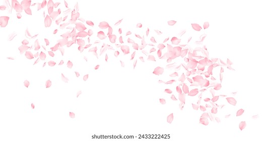 Spring tree flowers parts, airy flying petals windy blowing background. Pink sakura blossom falling parts romantic vector. Natural marrige decor of chinese cherry petals. Cosmetics composition.