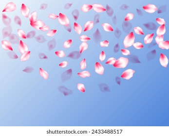 Spring tree flowers parts, airy flying petals on blue sky background. Pink sakura blossom falling parts romantic vector. SPA beauty illustration of sakura bloom petals. Wedding celebration eps.