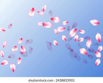 Spring tree flowers parts, airy flying petals on blue sky background. Delicate spring vector. Realistic peach flolwer petals natural decor. Pink sakura blossom falling parts romantic vector.
