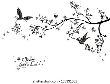 Spring tree and flying birds. Vector illustration