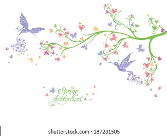 Spring tree and flying birds. Vector illustration