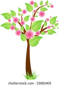 Spring tree with green leaves and pink flowers. Vector illustration.
