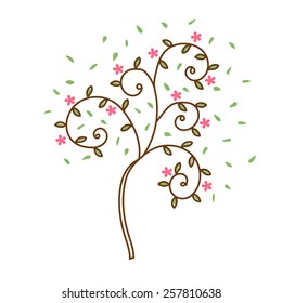 Spring tree with green leaves and pink flowers 