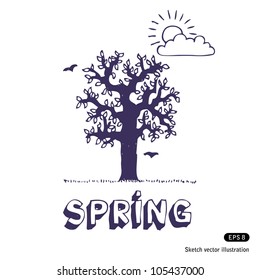 Spring tree. Hand drawn sketch illustration isolated on white background