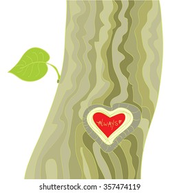 Spring tree with heart carving on trunk and fresh green leaf - vector illustration, hand drawn retro cartoon. Red heart with word - Always. Design element for Valentine day, wedding card. Eps 10.