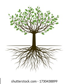 Spring Tree of Life. Silhouette shape with Leaves and Roots. Vector outline Illustration. Plant in Garden. Royalty free vector object.