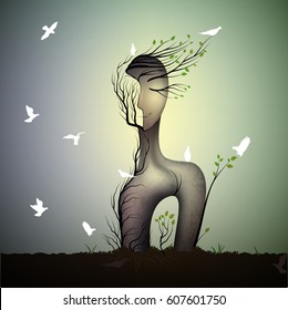 spring tree looks like woman with  white bird, sleeping dream  sculpture with white pigeons,surreal tree`s dream, vector