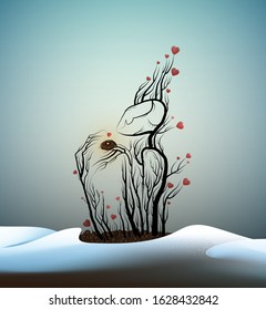 spring tree in love, tree character and bird nest, plant like man, dreamland or wonderland tree, plant alive,  happy tree, vector