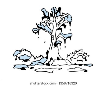 Spring tree with melting snow and icicles. Vector illustration