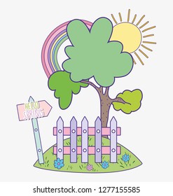 spring tree with rainbow and wood grillage