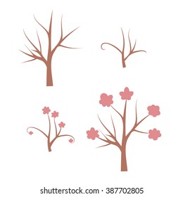 Spring tree set. Set of bare tree, blooming tree, branches isolated on white background. Vector illustration.