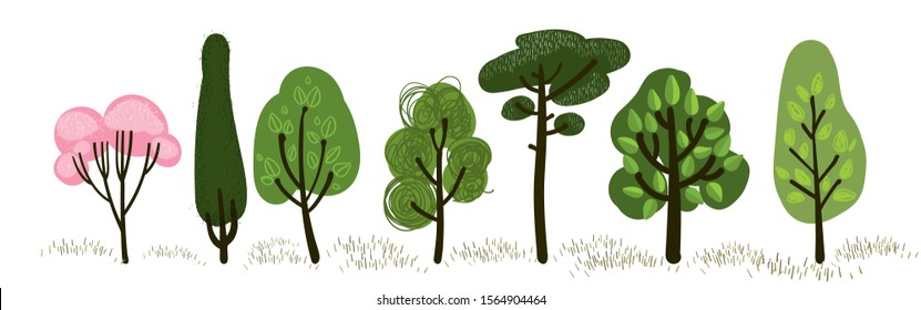 Spring tree set isolated on white.Cartoon forest trees.